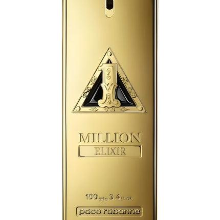 Gold packaging of Paco Rabanne 1 Million Elixir perfume on a white background