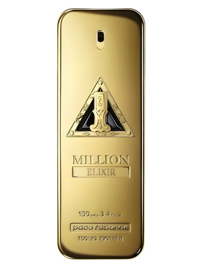 Gold packaging of Paco Rabanne 1 Million Elixir perfume on a white background