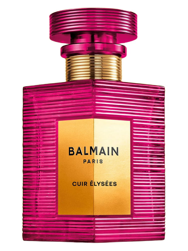 Pink perfume bottle with gold label featuring Balmain Paris on a white background