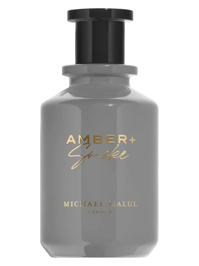 Gray perfume bottle with gold text on a white background