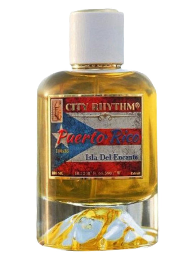 Bottle of City Rhythm Puerto Rico cologne with a label featuring the Puerto Rican flag on a white background.