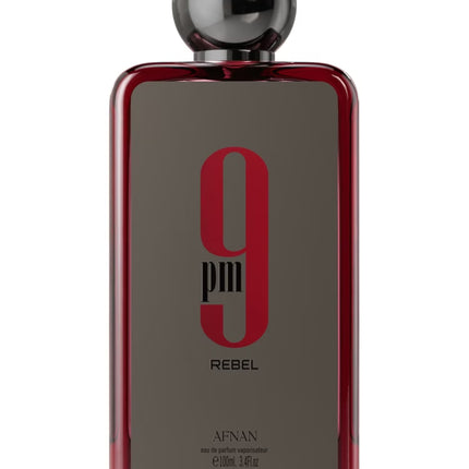 Perfume bottle labeled '9 pm Rebel' by Afnan on a white background