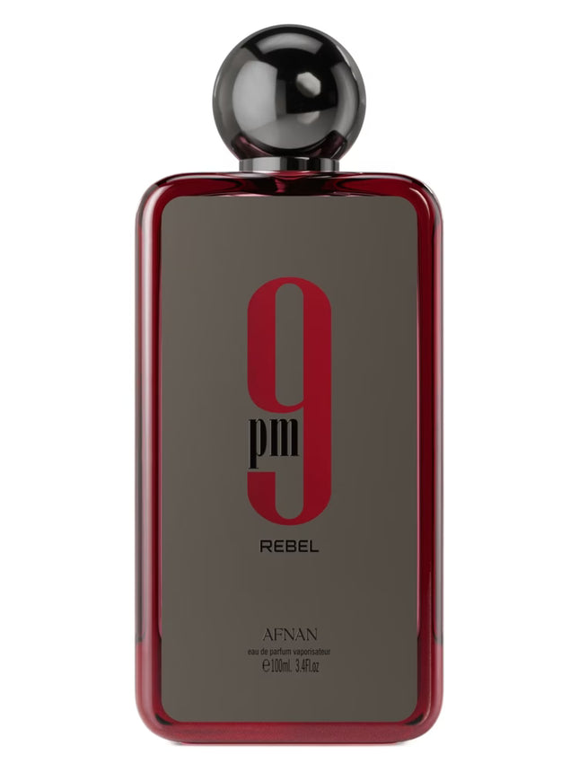 Perfume bottle labeled '9 pm Rebel' by Afnan on a white background