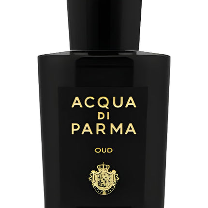 Black Acqua di Parma perfume bottle with gold text on a white background