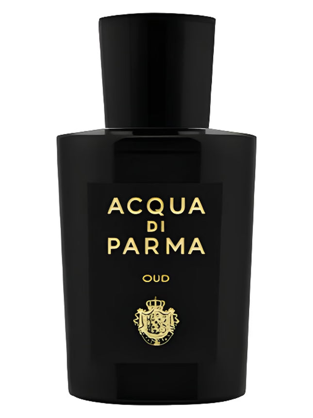 Black Acqua di Parma perfume bottle with gold text on a white background