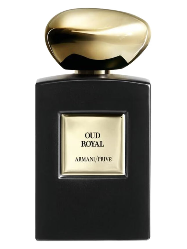 Black and gold Armani Prive Oud Royal perfume bottle on a white background