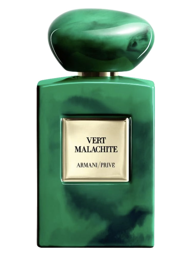 Green marble-textured perfume bottle with gold label on a white background