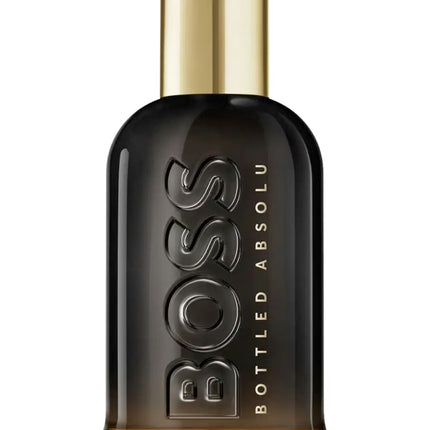 BOSS Bottled Absolu perfume bottle with gold cap and label on a white background