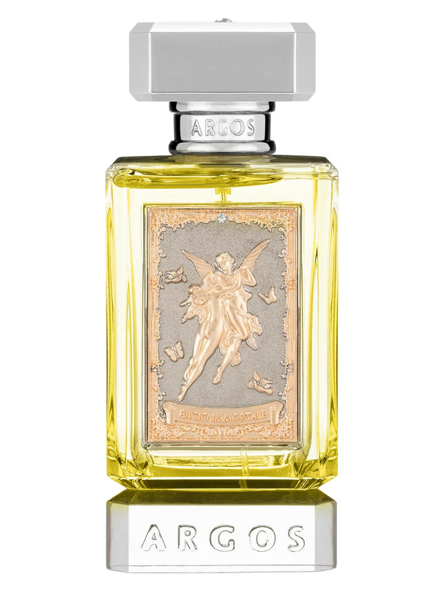Perfume bottle with decorative label featuring an angelic figure on a white background