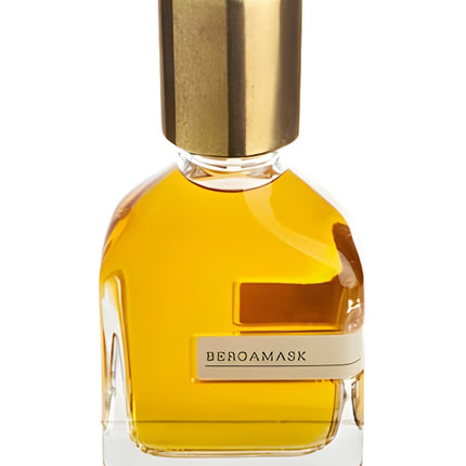 Perfume bottle with gold cap and label on a white background