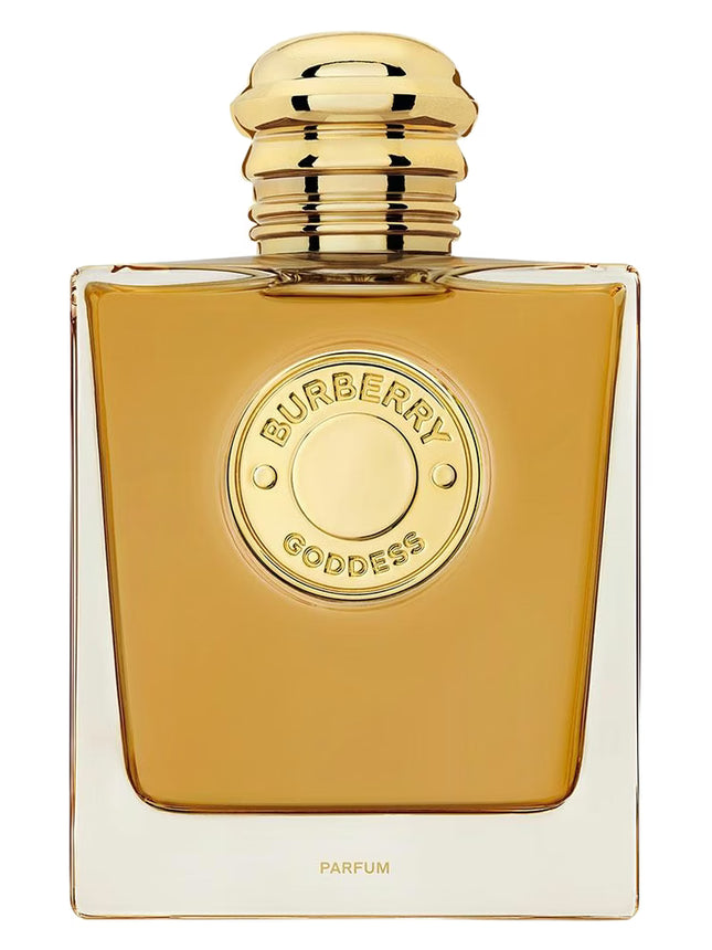 Burberry Goddess perfume bottle with gold cap and label on a white background