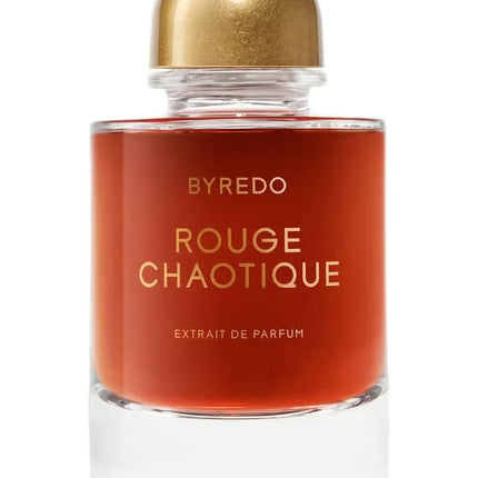 Byredo Rouge Chaotique perfume bottle with gold cap on a white background