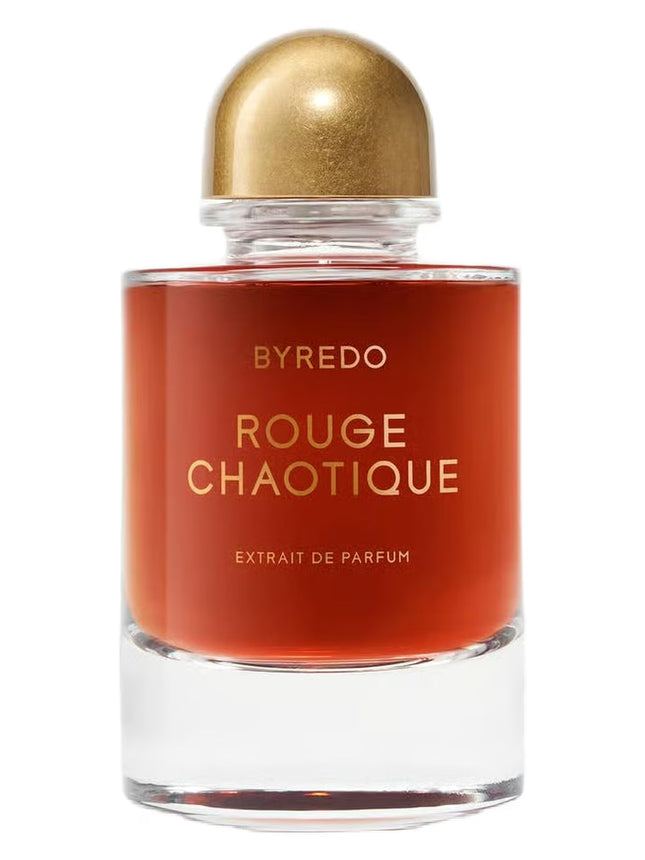 Byredo Rouge Chaotique perfume bottle with gold cap on a white background