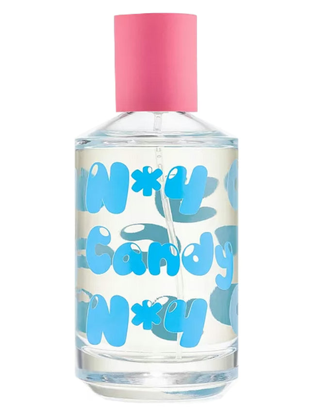 Perfume bottle with pink cap and blue text on a white background
