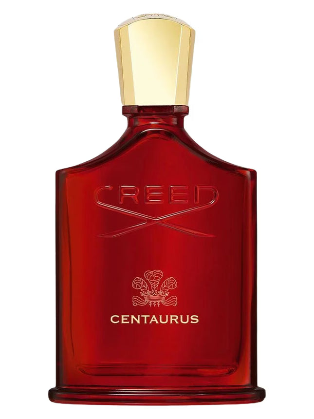 Red Creed Centaurus perfume bottle with gold cap on a white background