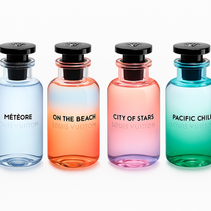 Four Louis Vuitton perfume bottles with gradient colors and names on a white background