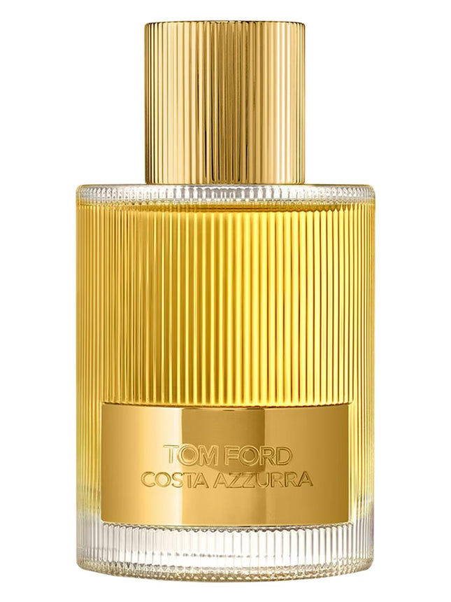 Gold perfume bottle with 'Tom Ford Costa Azzurra' text on a white background
