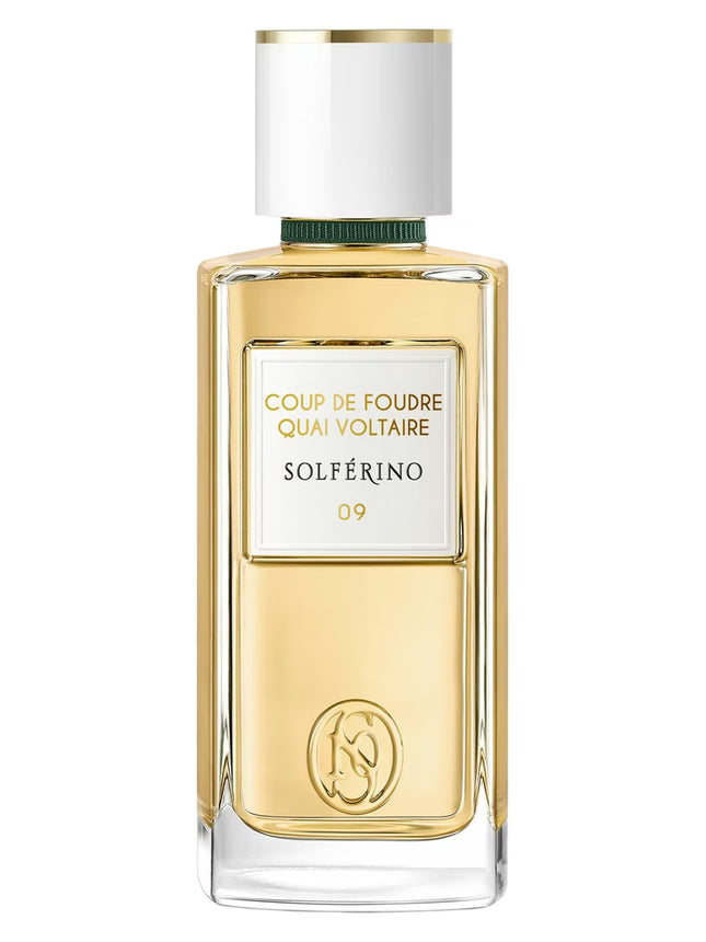 Perfume bottle labeled 'Coup de Foudre Quai Voltaire Solférino' on a white background