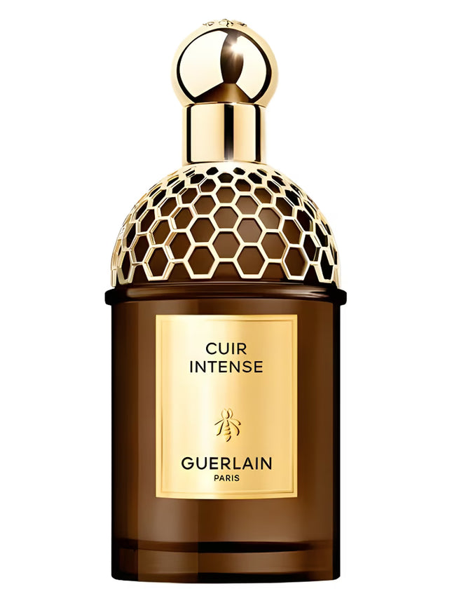 Guerlain Cuir Intense perfume bottle with gold cap on a white background