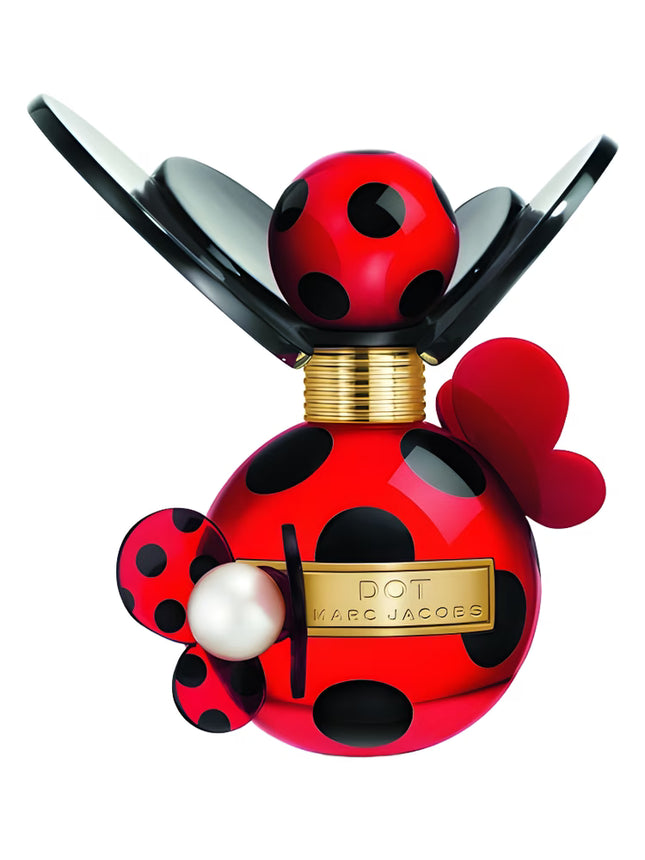 Red and black polka dot perfume bottle with gold accents on a white background