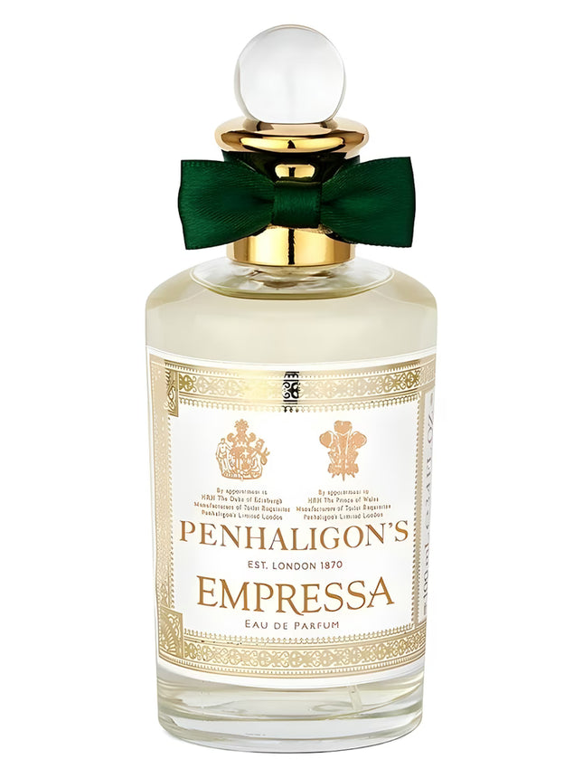 Penhaligon's Empressa perfume bottle with a green bow on a white background