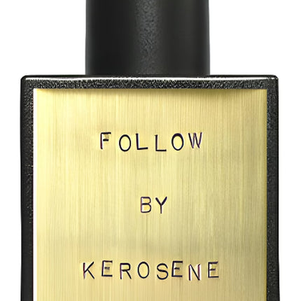 Perfume bottle with gold label and black cap on a white background
