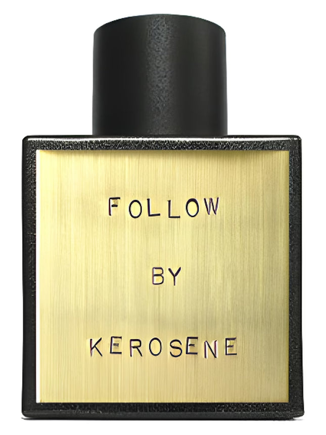 Perfume bottle with gold label and black cap on a white background