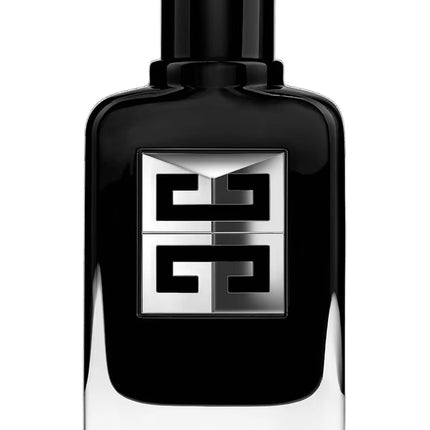Black perfume bottle with a silver logo on a white background