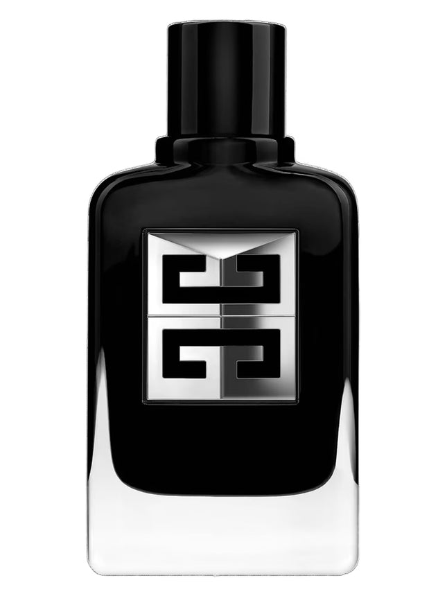 Black perfume bottle with a silver logo on a white background