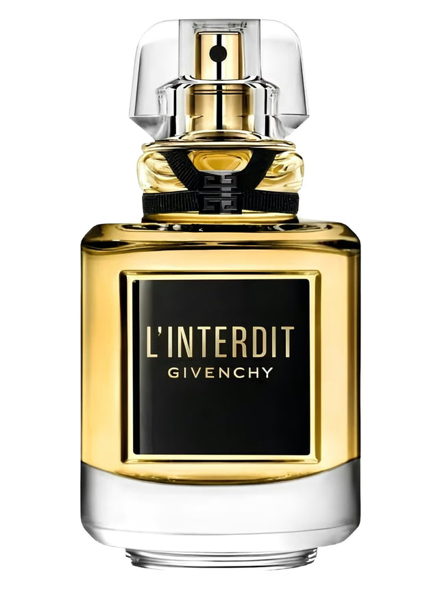 Givenchy L'Interdit perfume bottle with gold cap on a white background