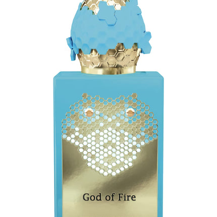 Perfume bottle labeled 'God of Fire' by Stephane Humbert Lucas on a white background