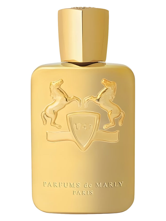 Gold perfume bottle with Parfums de Marly logo on a white background