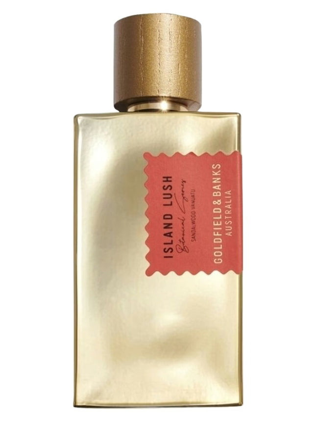 Gold perfume bottle with a red label on a white background