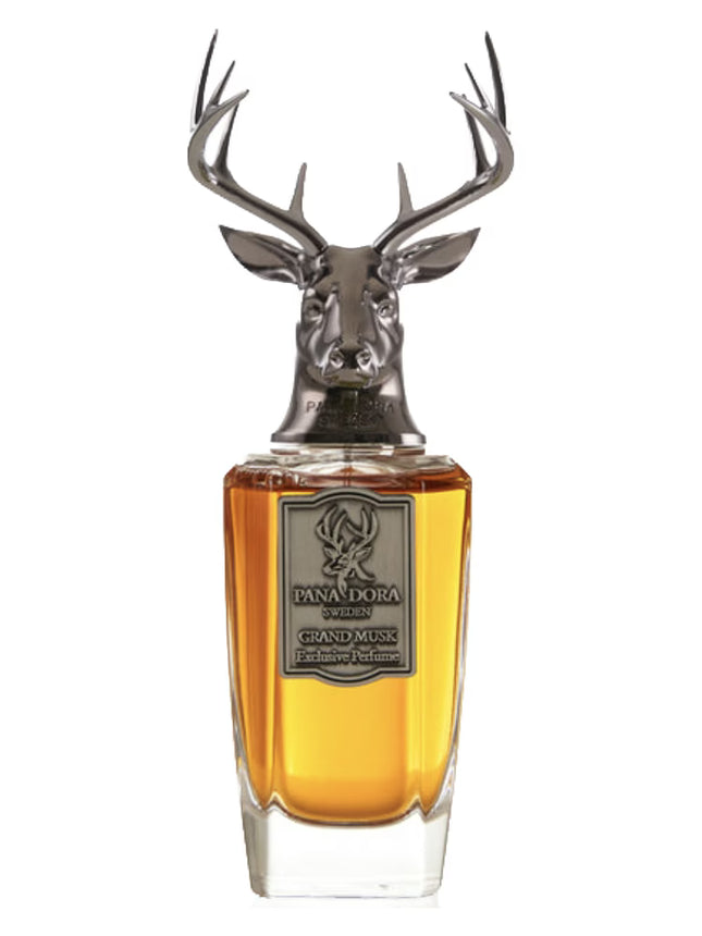 Perfume bottle with deer head design on a white background