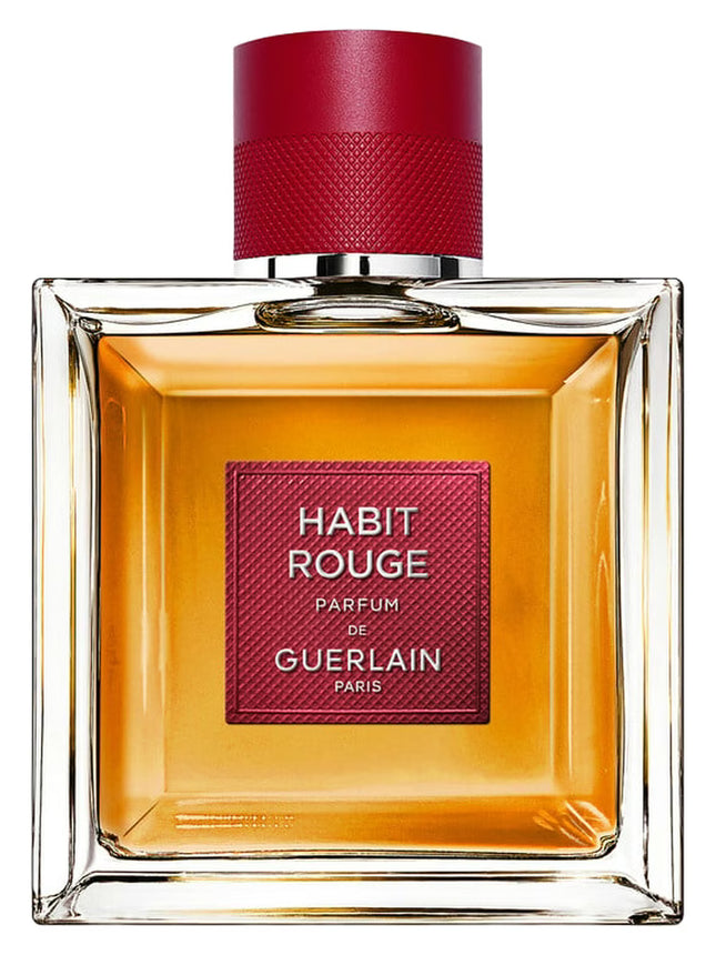 Guerlain Habit Rouge perfume bottle with red cap on a white background