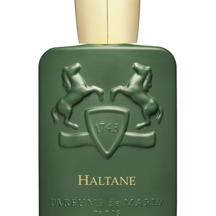 Green perfume bottle with gold cap and 'Haltane' branding on a white background