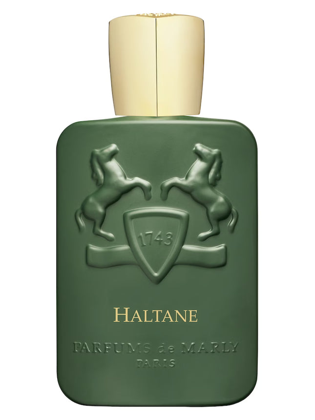 Green perfume bottle with gold cap and 'Haltane' branding on a white background
