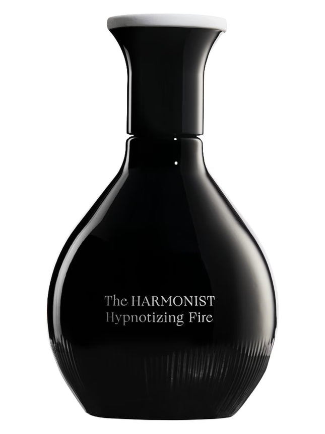 Black perfume bottle with 'The Harmonist Hypnotizing Fire' text on a white background