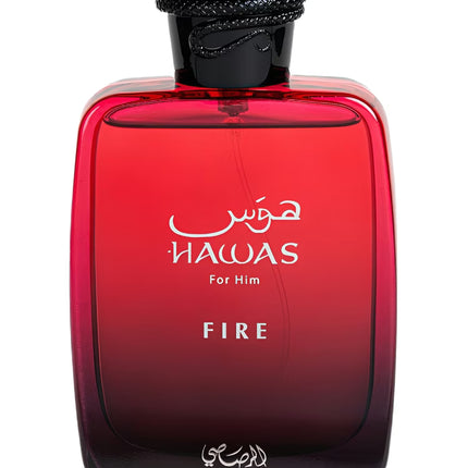 Red perfume bottle labeled 'Hawas for Him Fire' on a white background