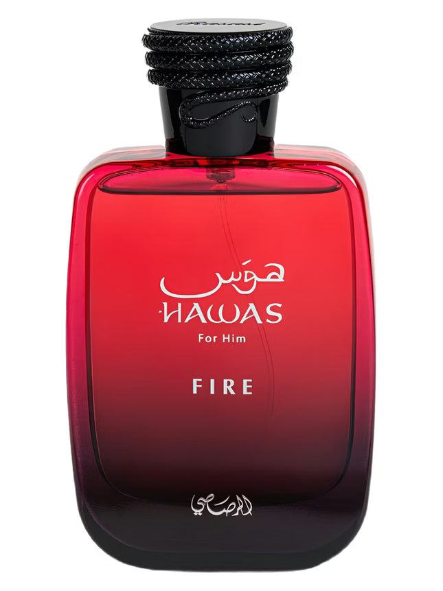 Red perfume bottle labeled 'Hawas for Him Fire' on a white background