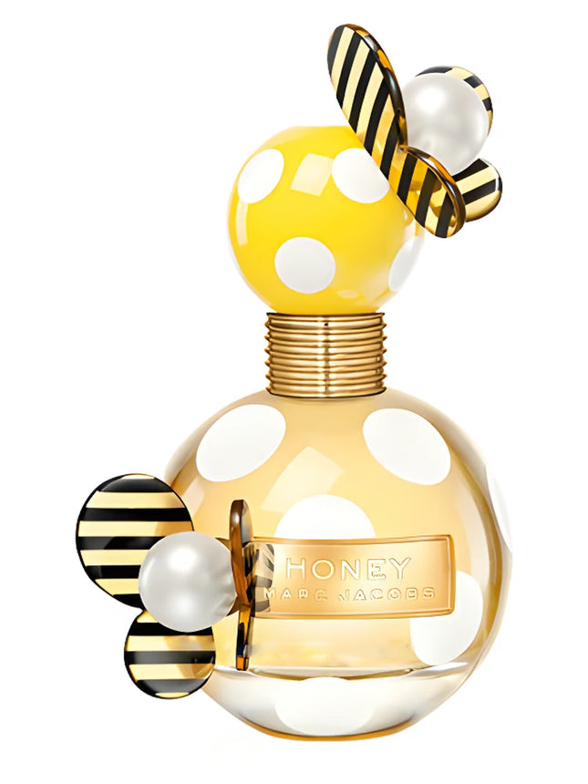 Marc Jacobs Honey perfume bottle with yellow polka dot design and bee decorations on a white background