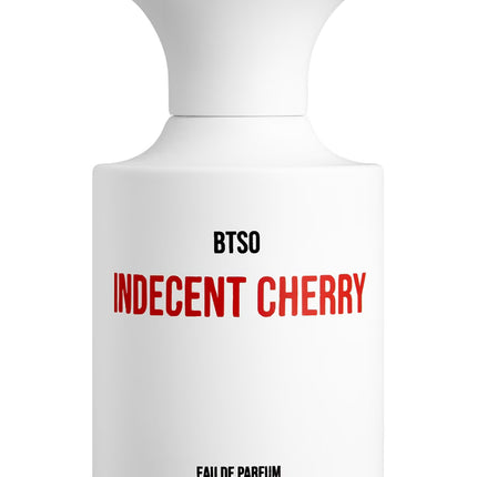 White perfume bottle labeled 'BTSO Indecent Cherry' on a white background
