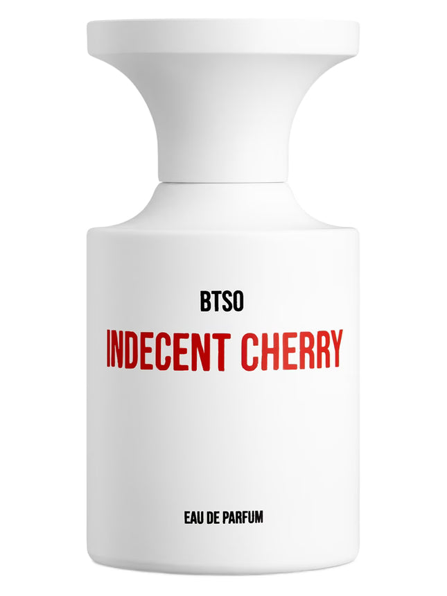 White perfume bottle labeled 'BTSO Indecent Cherry' on a white background