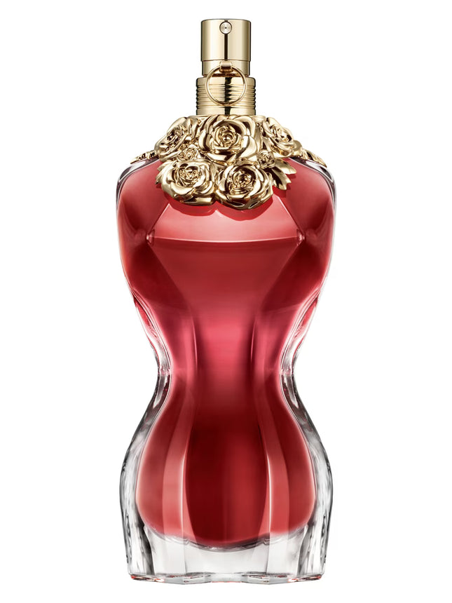 Red perfume bottle with gold cap on a white background