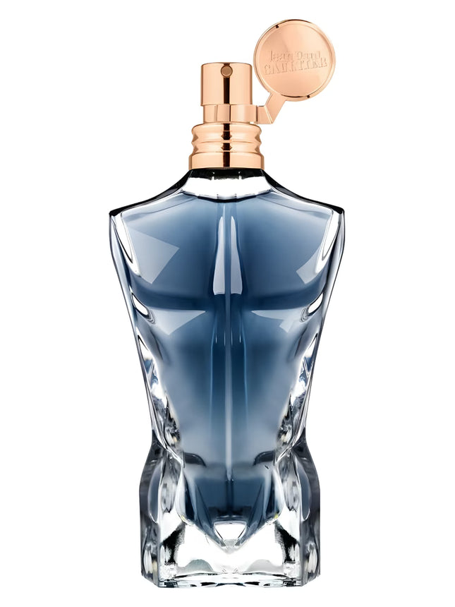 Blue perfume bottle with rose gold cap on a white background