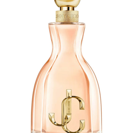 Perfume bottle with gold cap and logo on a white background