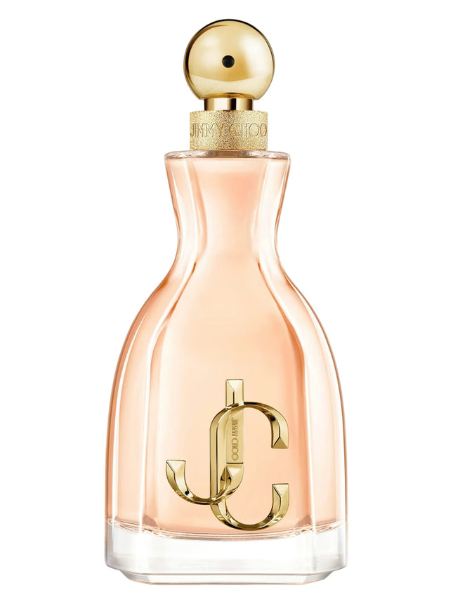Perfume bottle with gold cap and logo on a white background