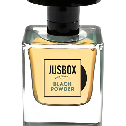 Perfume bottle labeled 'Jusbox Black Powder' on a white background