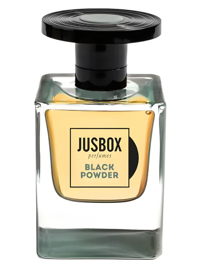 Perfume bottle labeled 'Jusbox Black Powder' on a white background