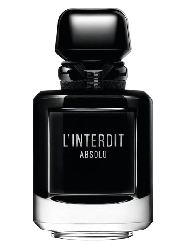 Black perfume bottle labeled 'L'Interdit Absolu' on a white background